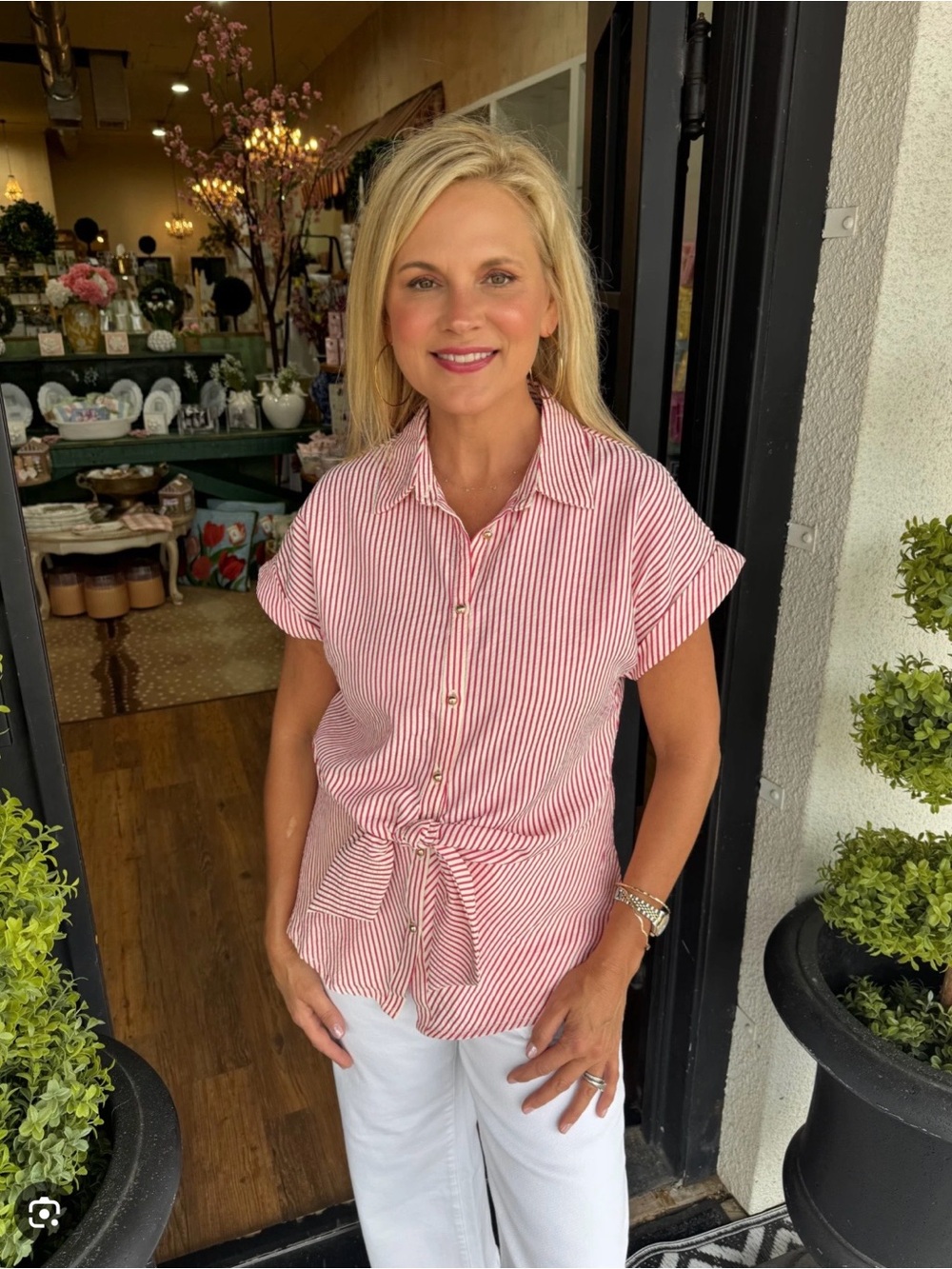 Women’s Red Stripe Tie-Front Button Shirt, New, size S